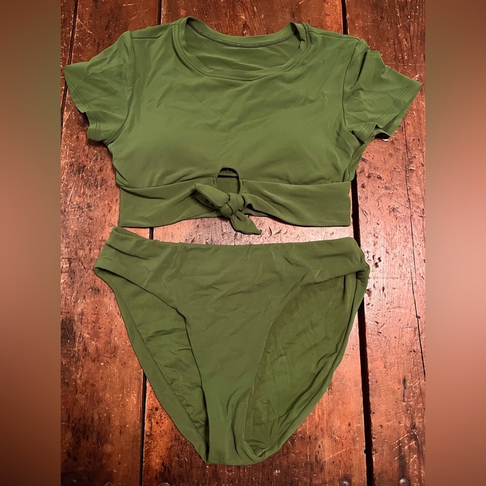 Robin Piccone Ava Knot Front Tee Bikini Top & Ava High Waist Bikini Bottom Sz S
